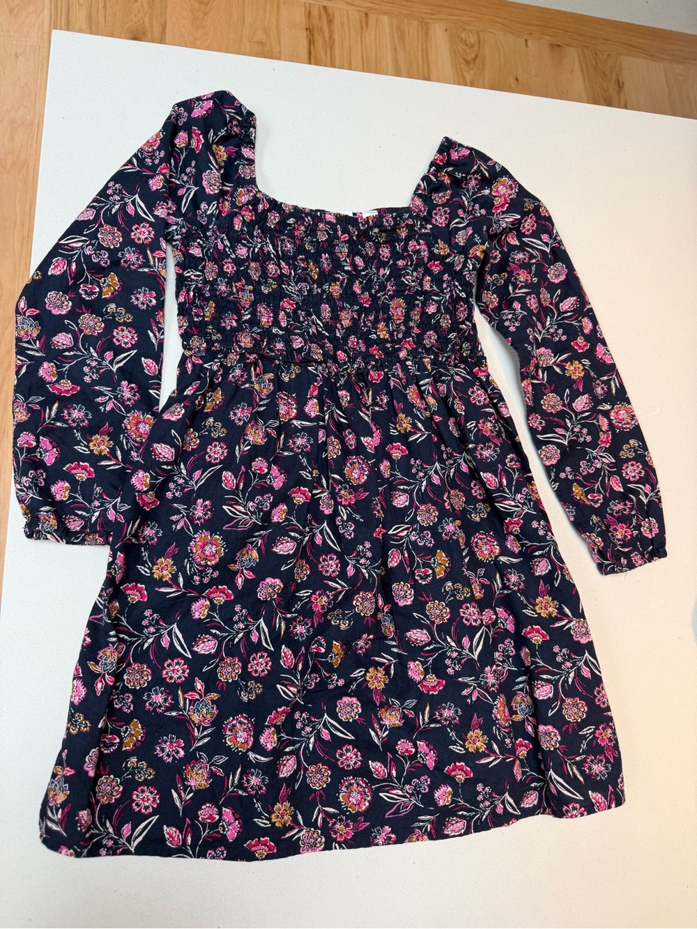 GAP Navy Long-Sleeve Floral Smocked Dress with Pink Accents